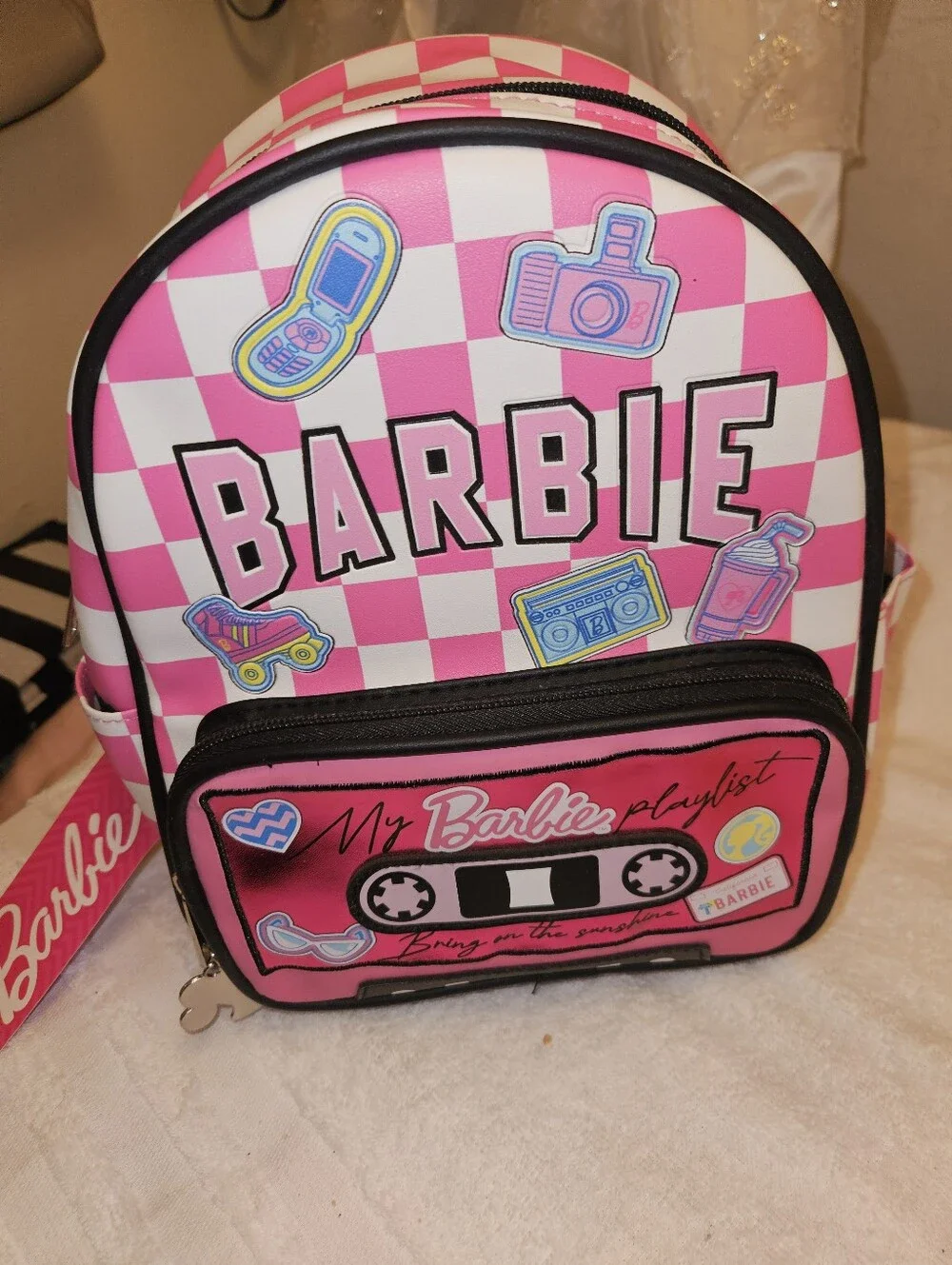 Barbie Pink and White Check Kids Backpack with Cassette Pocket